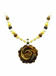 Vera Perla 10k Solid Yellow Gold Pendant Necklace for Women, with 5-10mm Pearls and Tiger Eye Stone, Brown/Yellow/White