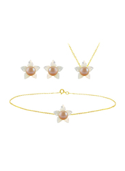 Vera Perla 4-Pieces 18k Solid Yellow Gold Jewellery Set for Women, with Mother of Pearl Flower Shape and 4mm Pearl, White/Rose Gold