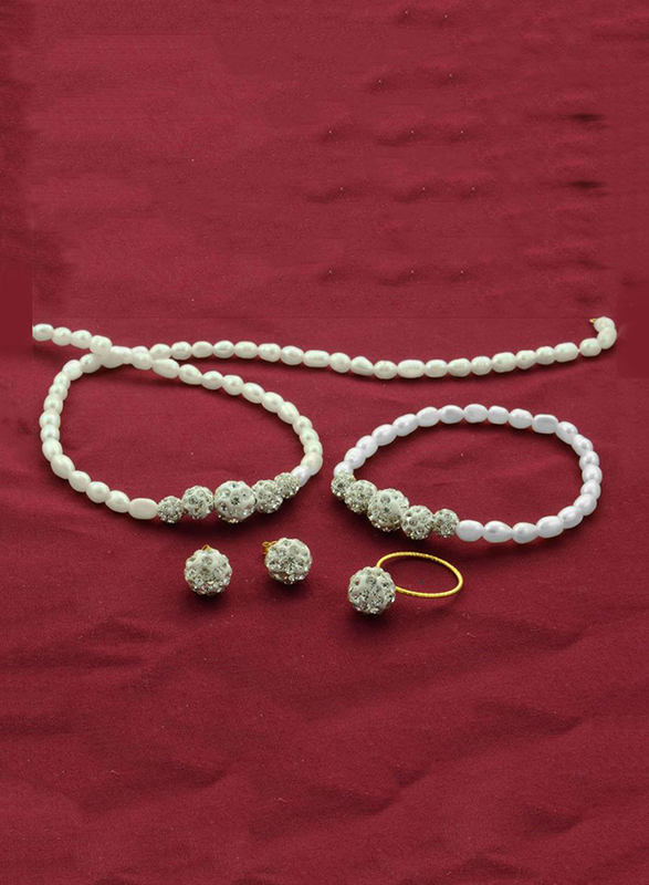 Vera Perla 4-Pieces 10K Gold Strand Jewellery Set for Women, with Gradual Crystal Balls and Pearls Stone, Necklace, Bracelet, Earrings and Ring, White