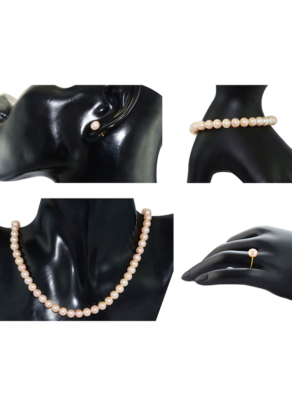 Vera Perla 4-Pieces 18K Gold Strand Jewellery Set for Women, with Pearls Stone, Necklace, Bracelet, Earrings and Ring, Pink