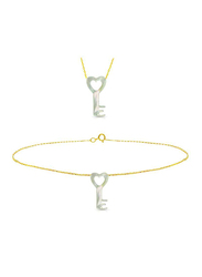 Vera Perla 2-Pieces 18K Gold Jewellery Set for Women, with Necklace and Bracelet, with Key Shape Mother of Pearl stone, Gold/Jade