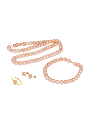 Vera Perla 4-Pieces 18K Gold Strand Jewellery Set for Women, with Pearls Stone, Necklace, Bracelet, Earrings and Ring, Pink