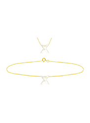 Vera Perla 2-Pieces 18k Yellow Gold X Letter Jewellery Set for Women, with Necklace and Earrings, with Mother of Pearl Stone, Gold/White