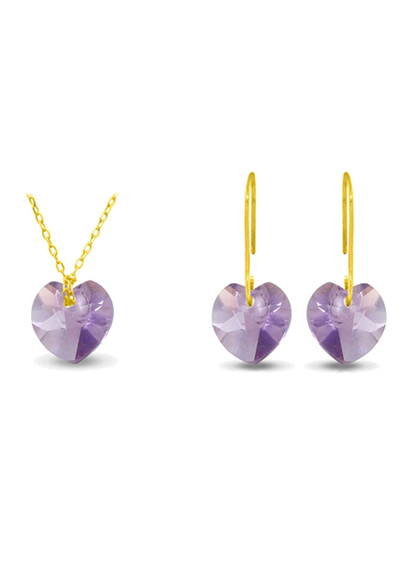 Vera Perla 2-Pieces 18K Solid Yellow Gold Jewellery Set for Women, with Necklace and Earrings, with 7mm Amethyst Stone, Gold/Purple