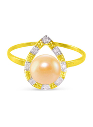 Vera Perla 18K Solid Gold Drop Fashion Ring for Women, with Diamonds and 7mm Pearl, Gold/Silver/Peach, 6 US