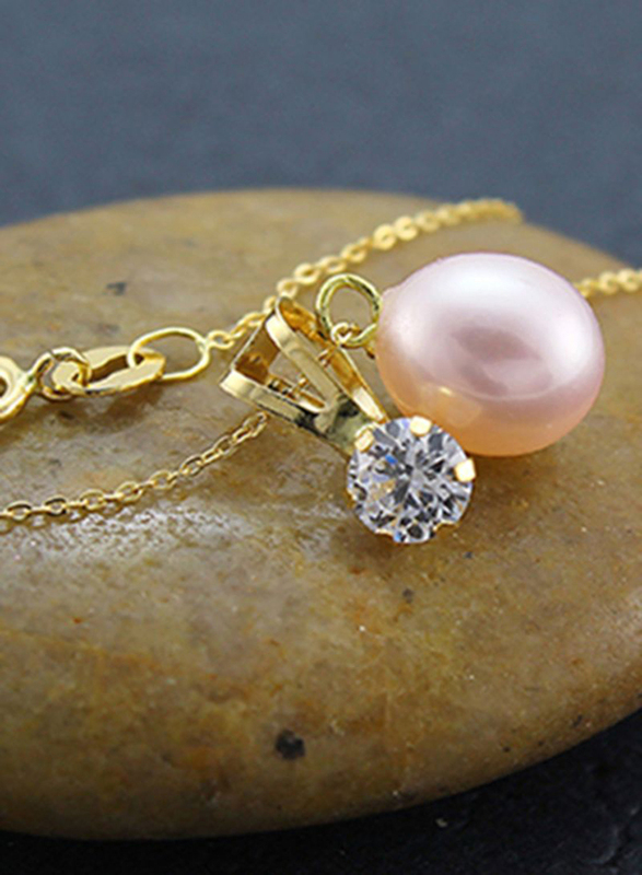 Vera Perla 18K Gold Solitaire Pendant Necklace for Women, with Pearl & Cubic Zirconia Stone, Pink/Gold