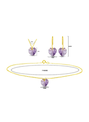 Vera Perla 3-Pieces 10K Solid Yellow Gold Jewellery Set for Women, with Necklace, Bracelet and Earrings, with 7mm Amethyst Stone, Gold/Purple