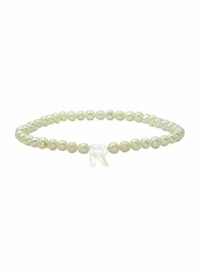 Vera Perla Elastic Stretch Bracelet for Women, with Letter R Mother of Pearl and Pearl Stone, White