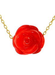 Vera Perla 18K Yellow Gold Necklace for Women, with 8-10mm Coral Stone Rose Carved Pendant, Gold/Red