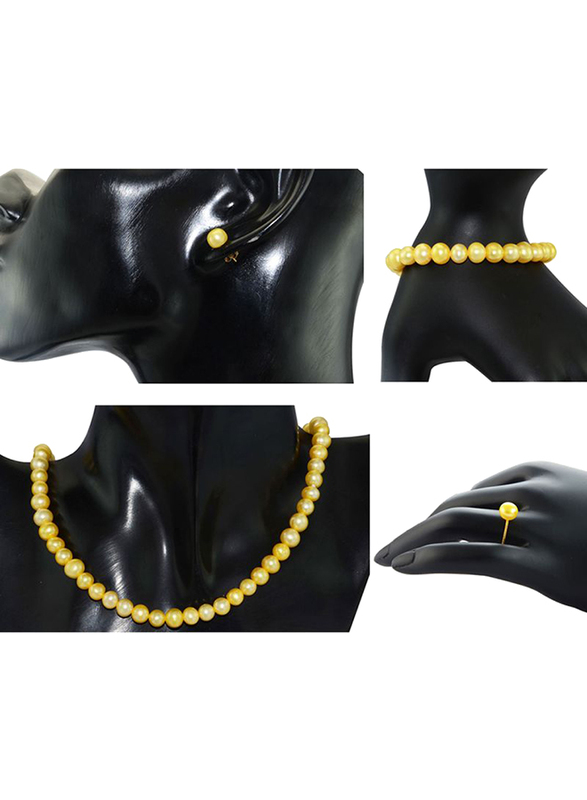 Vera Perla 4-Pieces 18K Gold Strand Jewellery Set for Women, with Pearls Stone, Necklace, Bracelet, Earrings and Ring, Gold