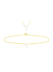 Vera Perla 2-Pieces 18k Yellow Gold Y Letter Jewellery Set for Women, with Necklace and Earrings, with Mother of Pearl Stone, Gold/White
