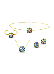 Vera Perla 4-Pieces 18K Solid Yellow Gold Simple Pendant Necklace for Women, with Earrings, Bracelet and Ring, with 10 mm Crystal Ball, Gold
