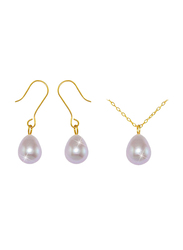 Vera Perla 2-Pieces 10K Gold Necklace Set for Women, with Pendant, Drop Earrings, with Pearls stone, Gold/Purple