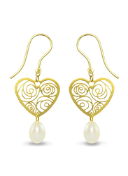 Vera Perla 18K Solid Yellow Gold Heart Dangle Earrings for Women, with 7mm Drop Pearl Stone, White/Gold