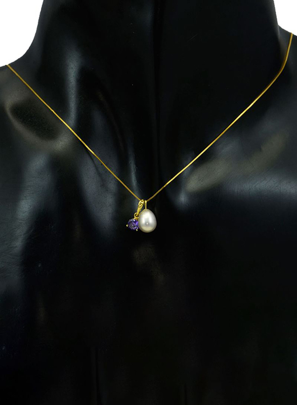 Vera Perla 18K Solid Yellow Gold Necklace for Women, with Zircon and 7 mm Pearl Stone Pendant, Pink/Gold/Purple