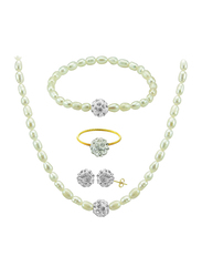 Vera Perla 4-Pieces 18K Gold Strand Jewellery Set for Women, with Crystal Balls and Pearls Stone, Necklace, Bracelet, Earrings and Ring, White