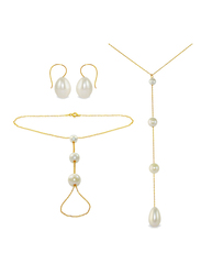 Vera Perla 3-Pieces 10K Gold Jewellery Set for Women, with Necklace, Finger Bracelet & Earrings, with Pearl Stone, Gold/White