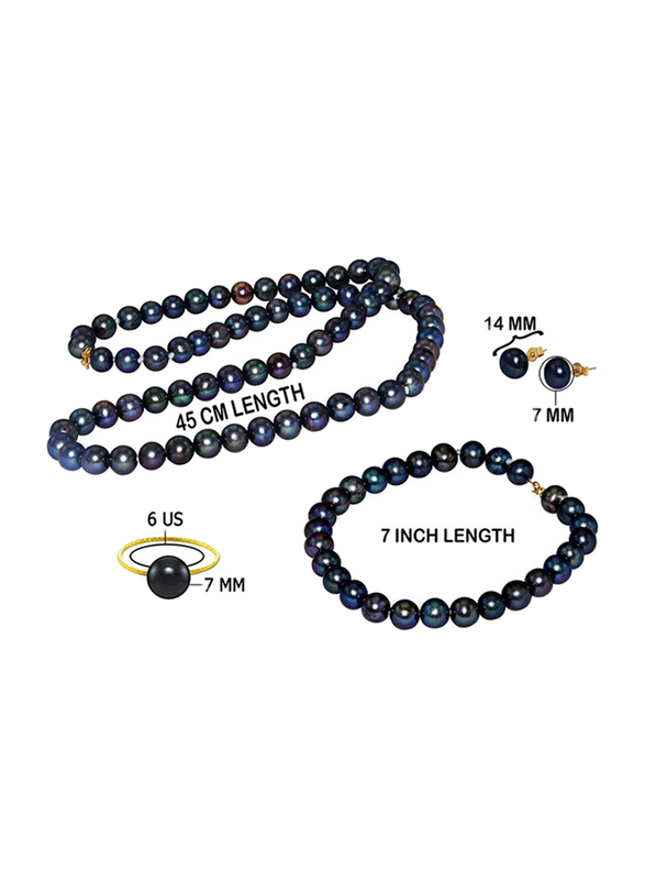 Vera Perla 4-Pieces 10K Gold Strand Jewellery Set for Women, with Pearls Stone, Necklace, Bracelet, Earrings and Ring, Black