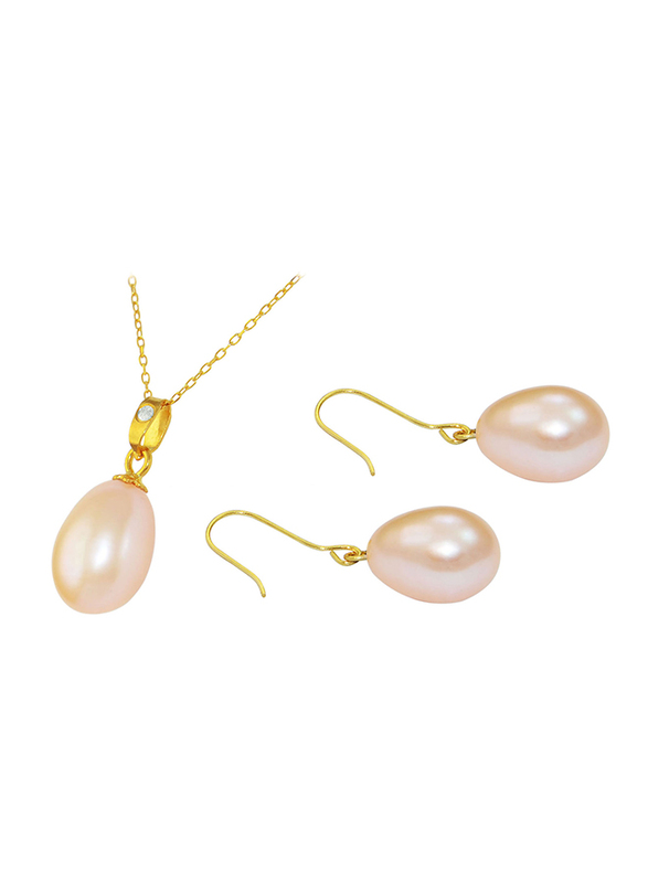 Vera Perla 2-Pieces 18K Gold Jewellery Set for Women, with Necklace & Earrings, with Diamond & Pearl Stone, Gold/Pink