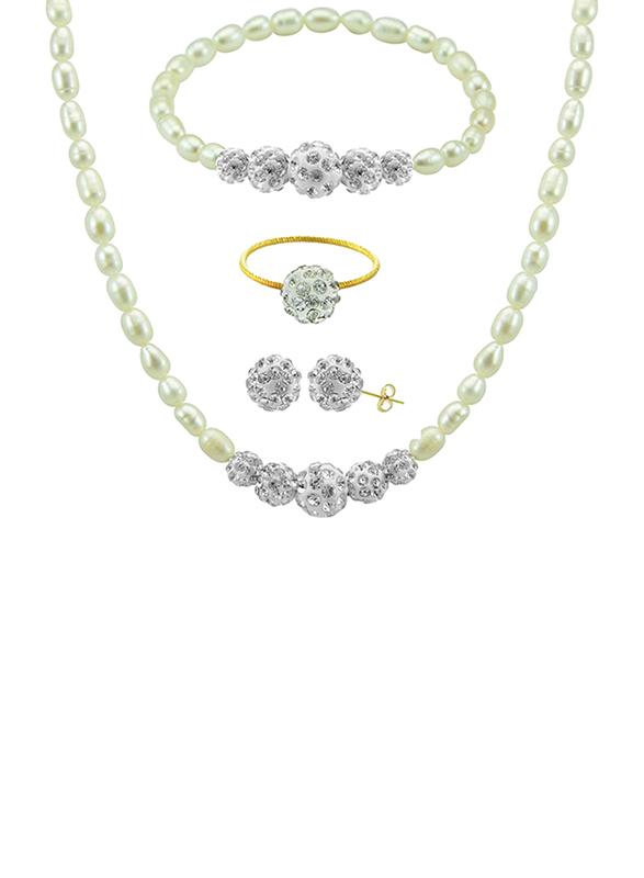 Vera Perla 4-Pieces 10K Gold Strand Jewellery Set for Women, with Gradual Crystal Balls and Pearls Stone, Necklace, Bracelet, Earrings and Ring, White