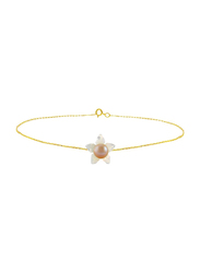 Vera Perla 18 Karat Solid Yellow Gold Chain Bracelet for Women, with 10mm Mother of Pearl Flower Shape and 4mm Pearl, Gold/Rose Gold