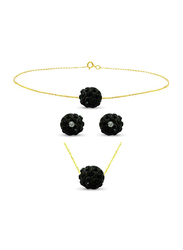Vera Perla 3-Pieces 18K Solid Yellow Gold Simple Pendant Necklace, Bracelet and Earrings Set for Women, with 10mm Crystal Ball, Black/Gold