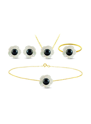 Vera Perla 4-Pieces 18K Solid Yellow Gold Jewellery Set for Women, with Necklace, Bracelet, Earrings and Ring, with Mother of Pearl Shell and 4mm Pearl Stones, White/Black