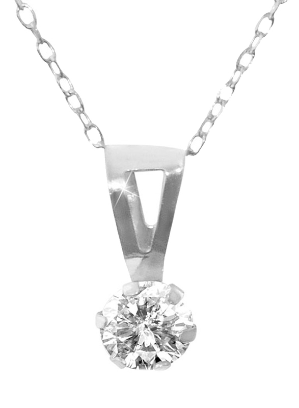 Vera Perla 18K White Gold Solitaire Pendant Necklace for Women, with Cubic Zircon Stone, Silver/Clear