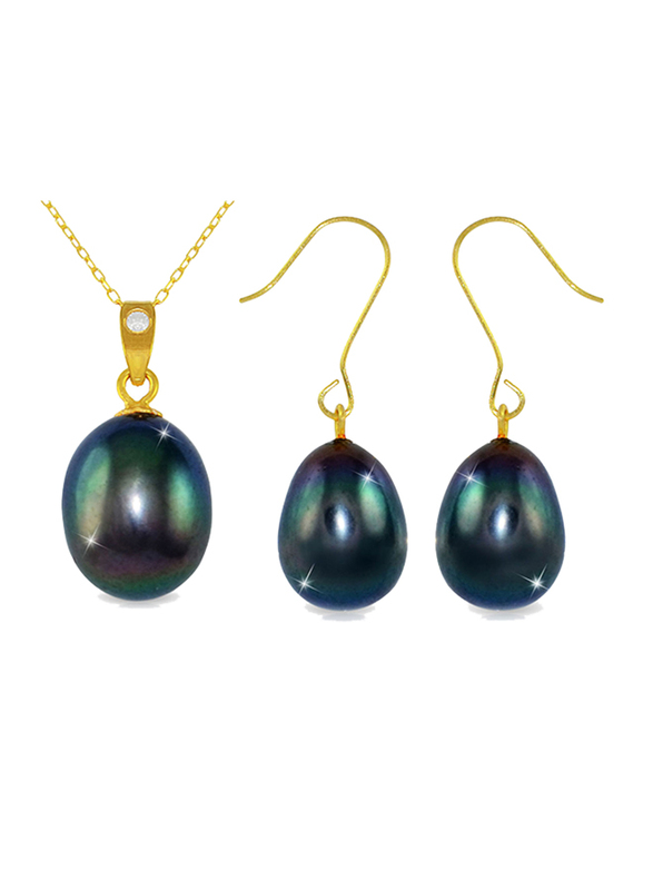 Vera Perla 2-Pieces 18K Gold Jewellery Set for Women, with Necklace & Earrings, with Diamond & Pearl Stone, Gold/Black