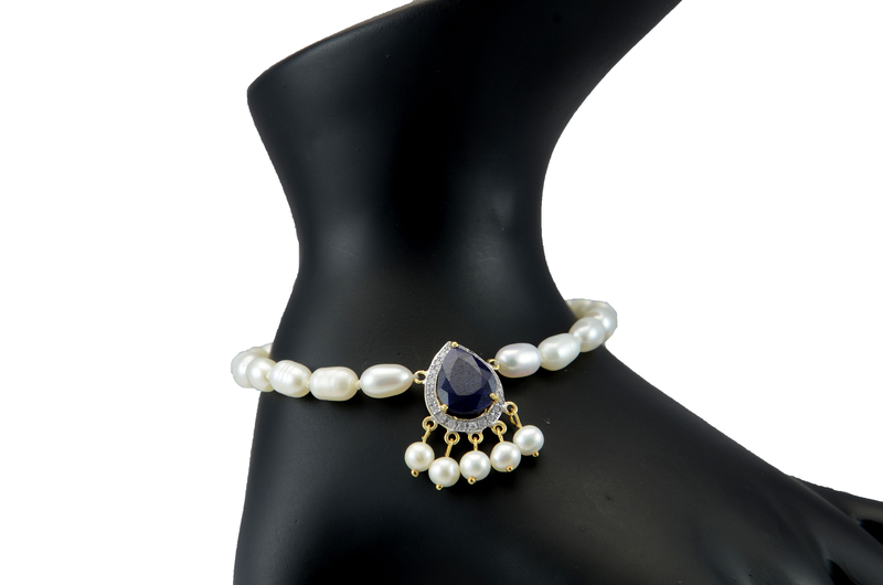 Vera Perla Aishwariya 18K Gold Beaded Bracelet for Women with 0.12ct Diamonds and 10mm Sapphire Stone, White
