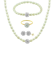 Vera Perla 4-Pieces 10K Gold Strand Jewellery Set for Women, with Crystal Balls and Pearls Stone, Necklace, Bracelet, Earrings and Ring, White