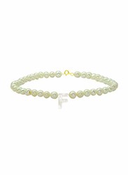 Vera Perla 10K Gold Strand Beaded Bracelet for Women, with Letter F Mother of Pearl and Pearl Stone, White