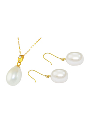 Vera Perla 2-Pieces Gold Jewellery Set for Women, with 18K Necklace & 10K Earrings, with Diamond & Pearl Stone, Gold/White