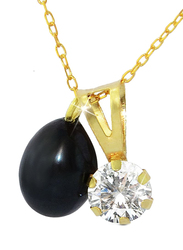 Vera Perla 18k Yellow Gold Chain Necklace for Women, with Pearl and CZ Studded Pendant, Gold/Black