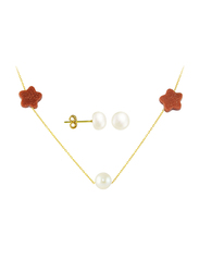 Vera Perla 2-Pieces 18K Gold Jewellery Set for Women, with Necklace & Earrings, with Star Sunstones & Pearl Stone, Red/Gold/White