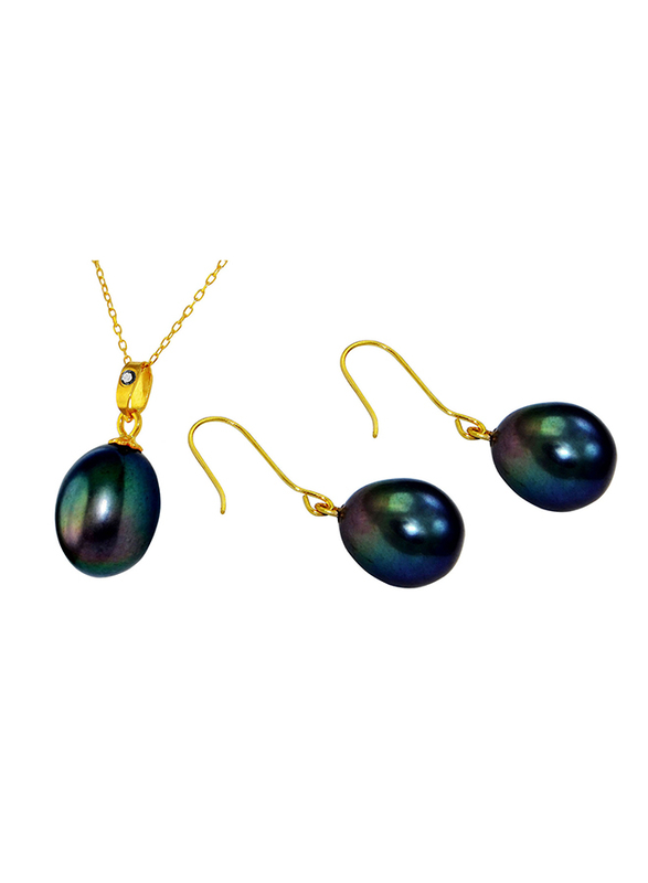 Vera Perla 2-Pieces Gold Jewellery Set for Women, with 18K Necklace & 10K Earrings, with Diamond & Pearl Stone, Gold/Black