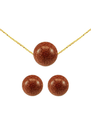 Vera Perla 2-Pieces 18K Gold Jewellery Set for Women, with Necklace & Earring, with Sunstone, Brown/Gold