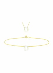 Vera Perla 2-Pieces 18k Yellow Gold D Letter Jewellery Set for Women, with Necklace and Earrings, with Mother of Pearl Stone, Gold/White