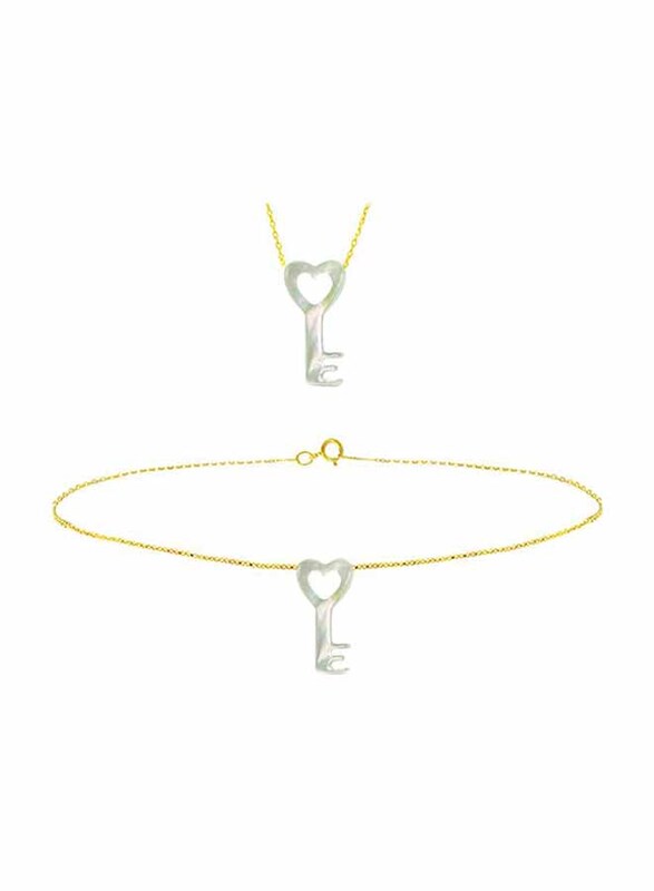 Vera Perla 10k Yellow Gold Jewellery Set for Women, with Key Shape Mother of Pearl, Jade/Green/White