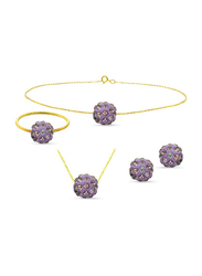 Vera Perla 4-Pieces 18K Solid Yellow Gold Simple Pendant Necklace for Women, with Earrings, Bracelet and Ring, with 10 mm Crystal Ball, Purple/Gold