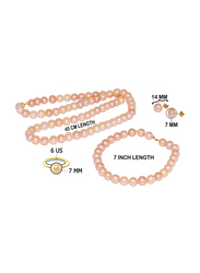 Vera Perla 4-Pieces 18K Gold Strand Jewellery Set for Women, with Pearls Stone, Necklace, Bracelet, Earrings and Ring, Pink