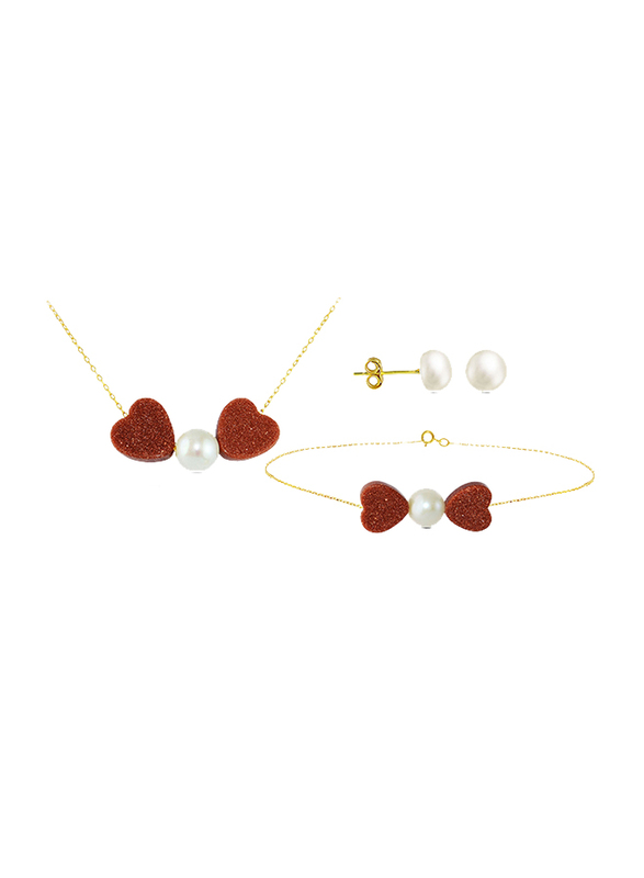 Vera Perla 3-Pieces 18K Gold Jewellery Set for Women, with Necklace, Bracelet & Earrings, with Heart Sunstones & Pearl Stone, Red/Gold/White