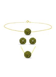 Vera Perla 3-Pieces 10K Solid Jewellery Set for Women, with Necklace, Bracelet and Earrings, with 10 mm Crystal Ball, Gold/Green