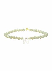 Vera Perla 18K Gold Strand Beaded Bracelet for Women, with Letter N Mother of Pearl and Pearl Stone, White