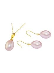Vera Perla 2-Pieces Gold Jewellery Set for Women, with 18K Necklace & 10K Earrings, with Diamond & Pearl Stone, Gold/Purple