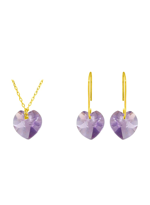 Vera Perla 2-Pieces 10K Solid Yellow Gold Jewellery Set for Women, with Necklace and Earrings, with 7mm Amethyst Stone, Gold/Purple