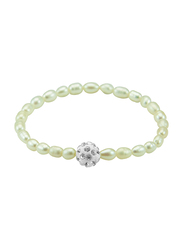 Vera Perla Strand Elastic Beaded Bracelet for Women with Crystal Ball and Pearls, White