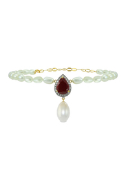 Vera Perla 18K Gold Beaded Bracelet for Women, with 0.12ct Diamond, Royal Indian Ruby and Pearl Stone, Red/White