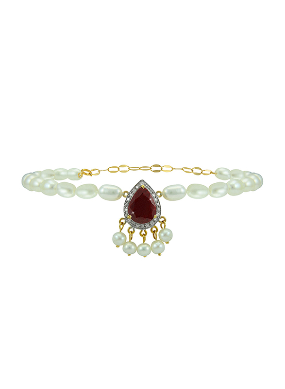 Vera Perla Aishwariya 18K Gold Beaded Bracelet for Women with 0.12ct Diamonds and 10mm Ruby Stone, White