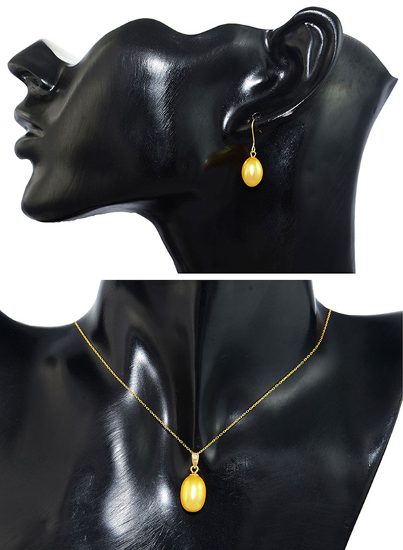 Vera Perla 2-Pieces Gold Jewellery Set for Women, with 18K Necklace & 10K Earrings, with Diamond & Pearl Stone, Gold